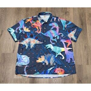 Hardaddy Shirt Mens XXL Dinosaur Button Up Camp Hawaiian Party Stretch Loud